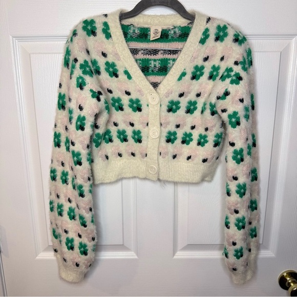 Urban Outfitters Cropped Cardigan Floral Patterned Cream with Green and Pink GUC - Picture 2 of 7